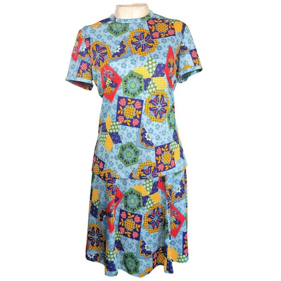 1960's vintage top and skirt set floral and psychedelic patchwork inspired sz M - Picture 2 of 4